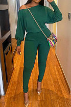 Army Green Autumn Winter Pure Color Lantern Sleeve Loose Tops Pencil Pants Sport Sets F88394-3