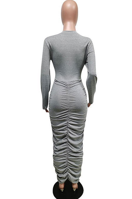 Royal Blue Fashion Simple Long Sleeve Round Collar Ruffle Slim Fittint Hip Dress F88391-1