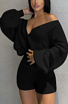 Black Cute Simple Long Sleeve V Neck Cardigan Tops Shorts Solid Color Sweater Sets F88393-3