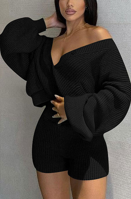 Black Cute Simple Long Sleeve V Neck Cardigan Tops Shorts Solid Color Sweater Sets F88393-3