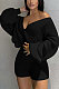 Black Cute Simple Long Sleeve V Neck Cardigan Tops Shorts Solid Color Sweater Sets F88393-3