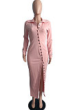 Orange Ribber Pure Color Long Sleeve Lapel Neck Button Front  Slim Fitting Slit Dress JG059-2