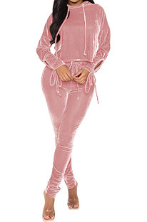 Pink Winter Velvet Long Sleeve Hoodie Drawsting Ruffle Pants Two-Piece ZNN9112-1