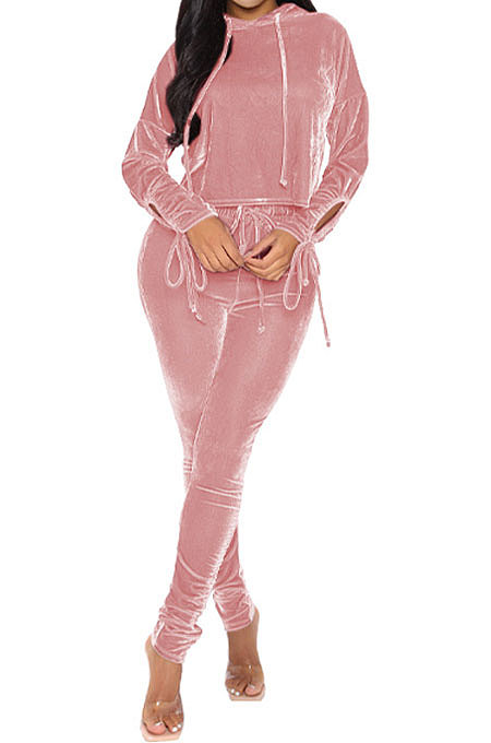 Pink Winter Velvet Long Sleeve Hoodie Drawsting Ruffle Pants Two-Piece ZNN9112-1