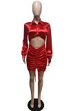 Drak Blue Sexy Wholesale Long Sleeve Cardigan Crop Waist Ruffle Wrap Dress F88396-1