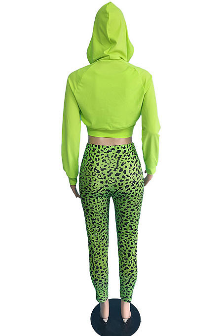 Neon Green Casual Long Sleeve Hoodie Leopard Print Pants Sport Sets JG060