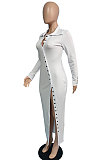 Sky Blue Ribber Pure Color Long Sleeve Lapel Neck Button Front  Slim Fitting Slit Dress JG059-1
