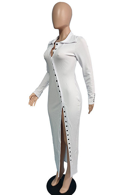 Sky Blue Ribber Pure Color Long Sleeve Lapel Neck Button Front  Slim Fitting Slit Dress JG059-1