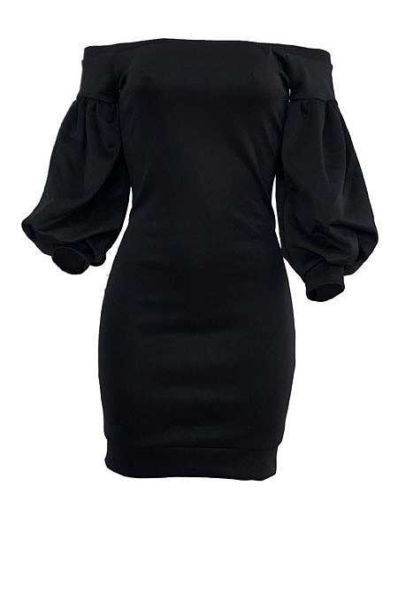 White Euramerican Women Pure Color Off Shoulder Sexy Lantern Sleeve Mid Waist Mini Dress R6129-1