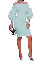 Sky Blue Euramerican Women Pure Color Off Shoulder Sexy Lantern Sleeve Mid Waist Mini Dress R6129-7