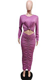 Gray Fashion Simple Long Sleeve Round Collar Ruffle Slim Fittint Hip Dress F88391-3