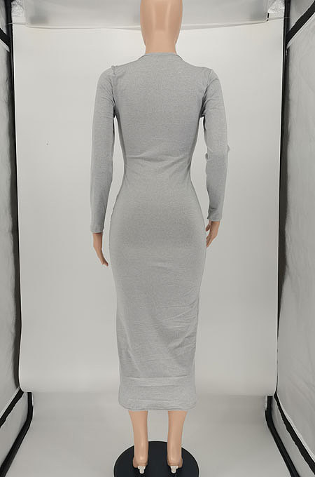 Gray Women Pure Color U Collar Long Sleeve Sexy Mid Waist Midi Dress SMY81121-1