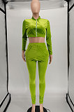 Neon Green Euramerican Women Pleuche Solid Color Casual Crop Zipper Pants Sets SMY81119