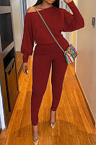 Brown Red Autumn Winter Pure Color Lantern Sleeve Loose Tops Pencil Pants Sport Sets F88394-2