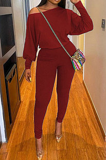 Brown Red Autumn Winter Pure Color Lantern Sleeve Loose Tops Pencil Pants Sport Sets F88394-2