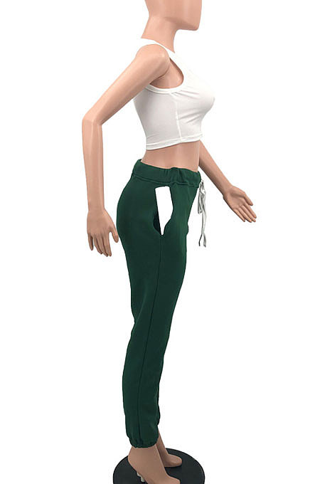 Green Women Solid Color Thick Mid Waist Loose Pants PH13255-1