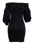 Coffee Euramerican Women Pure Color Off Shoulder Sexy Lantern Sleeve Mid Waist Mini Dress R6129-11
