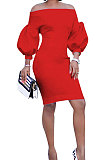 Yellow Euramerican Women Pure Color Off Shoulder Sexy Lantern Sleeve Mid Waist Mini Dress R6129-2