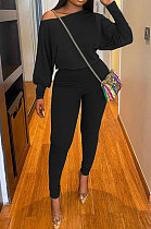 Black Autumn Winter Pure Color Lantern Sleeve Loose Tops Pencil Pants Sport Sets F88394-6