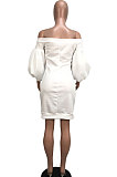 Coffee Euramerican Women Pure Color Off Shoulder Sexy Lantern Sleeve Mid Waist Mini Dress R6129-11