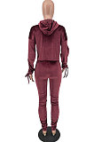 Black Winter Velvet Long Sleeve Hoodie Drawsting Ruffle Pants Two-Piece ZNN9112-3