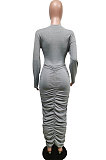 Gray Fashion Simple Long Sleeve Round Collar Ruffle Slim Fittint Hip Dress F88391-3