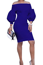 Dark Blue Euramerican Women Pure Color Off Shoulder Sexy Lantern Sleeve Mid Waist Mini Dress R6129-6