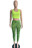 Neon Green Casual Long Sleeve Hoodie Leopard Print Pants Sport Sets JG060