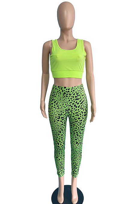Neon Green Casual Long Sleeve Hoodie Leopard Print Pants Sport Sets JG060