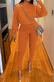 Rose Red Autumn Winter Pure Color Lantern Sleeve Loose Tops Pencil Pants Sport Sets F88394-1