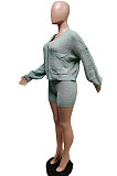 Green Cute Simple Long Sleeve V Neck Cardigan Tops Shorts Solid Color Sweater Sets F88393-1