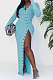 Sky Blue Ribber Pure Color Long Sleeve Lapel Neck Button Front  Slim Fitting Slit Dress JG059-1
