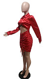 Drak Blue Sexy Wholesale Long Sleeve Cardigan Crop Waist Ruffle Wrap Dress F88396-1