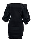 Coffee Euramerican Women Pure Color Off Shoulder Sexy Lantern Sleeve Mid Waist Mini Dress R6129-11