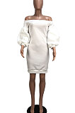 White Euramerican Women Pure Color Off Shoulder Sexy Lantern Sleeve Mid Waist Mini Dress R6129-1