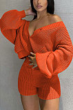 Green Cute Simple Long Sleeve V Neck Cardigan Tops Shorts Solid Color Sweater Sets F88393-1