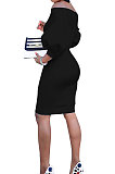 Wine Red Euramerican Women Pure Color Off Shoulder Sexy Lantern Sleeve Mid Waist Mini Dress R6129-4