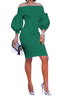 Green Euramerican Women Pure Color Off Shoulder Sexy Lantern Sleeve Mid Waist Mini Dress R6129-10