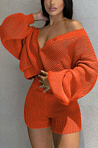 Orange Cute Simple Long Sleeve V Neck Cardigan Tops Shorts Solid Color Sweater Sets F88393-2