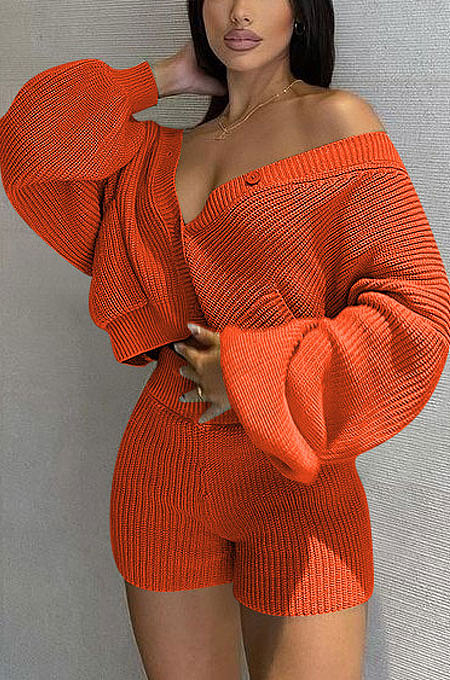 Orange Cute Simple Long Sleeve V Neck Cardigan Tops Shorts Solid Color Sweater Sets F88393-2