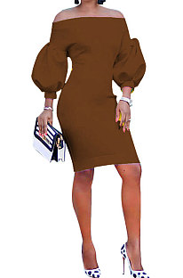 Coffee Euramerican Women Pure Color Off Shoulder Sexy Lantern Sleeve Mid Waist Mini Dress R6129-11