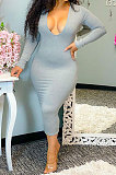 Black Women Pure Color U Collar Long Sleeve Sexy Mid Waist Midi Dress SMY81121-2