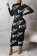 Black Autumn Simple Letter Print Long Sleeve High Neck Collect Waist Bodycon Dress BM7214-1