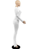 Drak Red Botton Blend Pure Color Long Sleeve V Neck T-Shirts Pencil Pants Slim Fitting Ruffle Sets DR88124-2