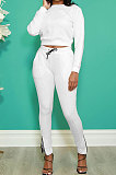 Green Fashion Simple Long Sleeve Round Neck Jumper Zipper Slit Pencil Pants Sets DR88127-1