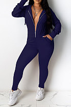 Navy Blue Casual Newest Long Sleeve Zip Front Hoodie Pencil Pants Sport Sets DR88126-2