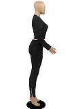 Brown Fashion Simple Long Sleeve Round Neck Jumper Zipper Slit Pencil Pants Sets DR88127-2