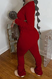 Blue Botton Blend Pure Color Long Sleeve V Neck T-Shirts Pencil Pants Slim Fitting Ruffle Sets DR88124-1