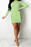 Orange Simple Newest Ribber Long Sleeve High Neck Elastic Slim Fitting Hip Dress DR88123-4