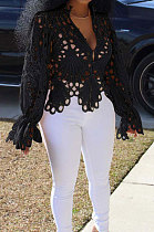 Black Euramerican Women Hole Sexy Horn Sleeve  Bodycon Cardigan T Shirts XQ1149-5